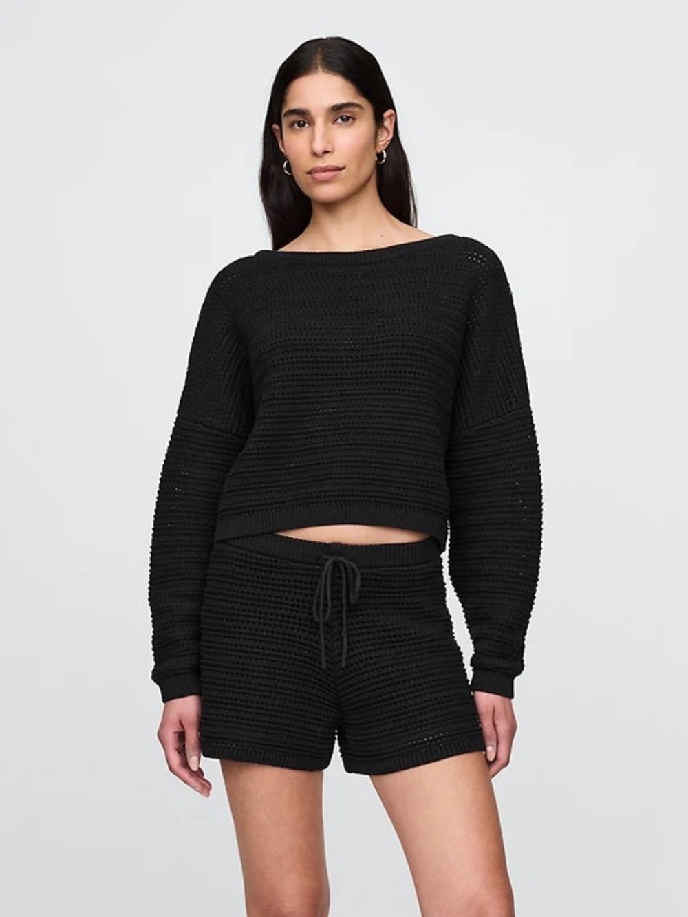 Gap 100% Cotton Black Boatneck Crochet Sweater Small